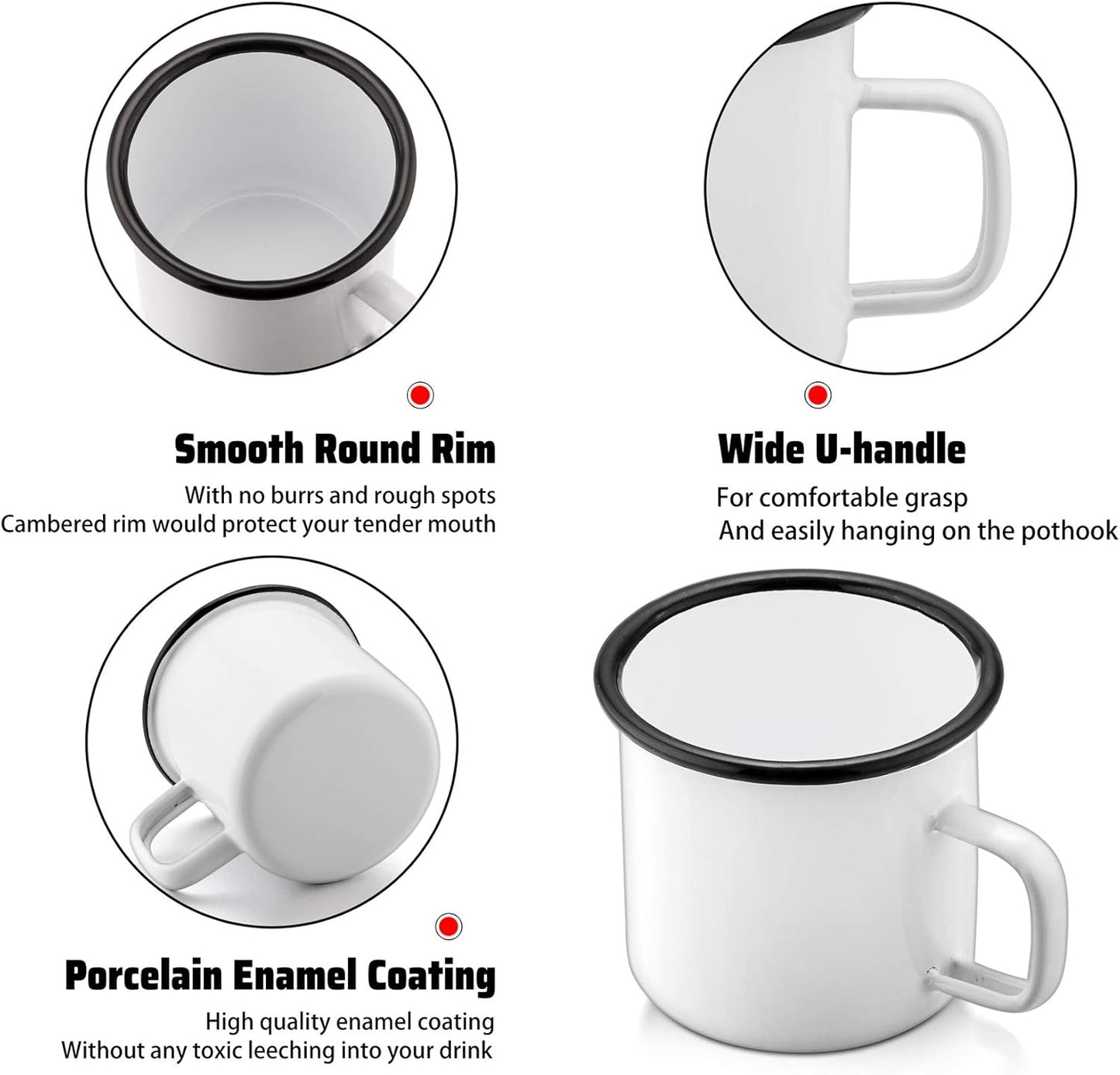P&P CHEF Enamel Camping Coffee Mug Set of 6, Small Colored Mugs Cups for Family Gathering/Friend Party/Camping/Picnic/Fishing, Lightweight & Portable -12 Ounce, 350ML & White
