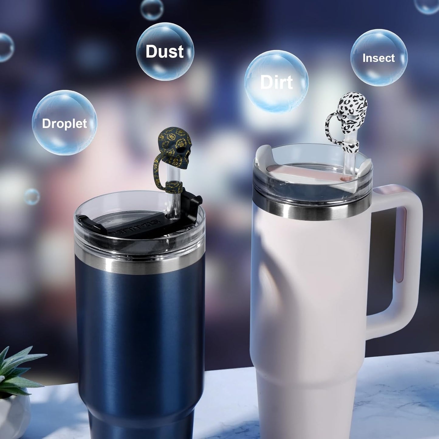 6Pcs 10mm/0.4in Silicone Straw Toppers - Cool Skull Shape Straws Tumbler Accessories for Man & Woman - Reusable&Dust-proof Straw Covers Cap Compatible with Stanley Cup 30 40oz with Handle