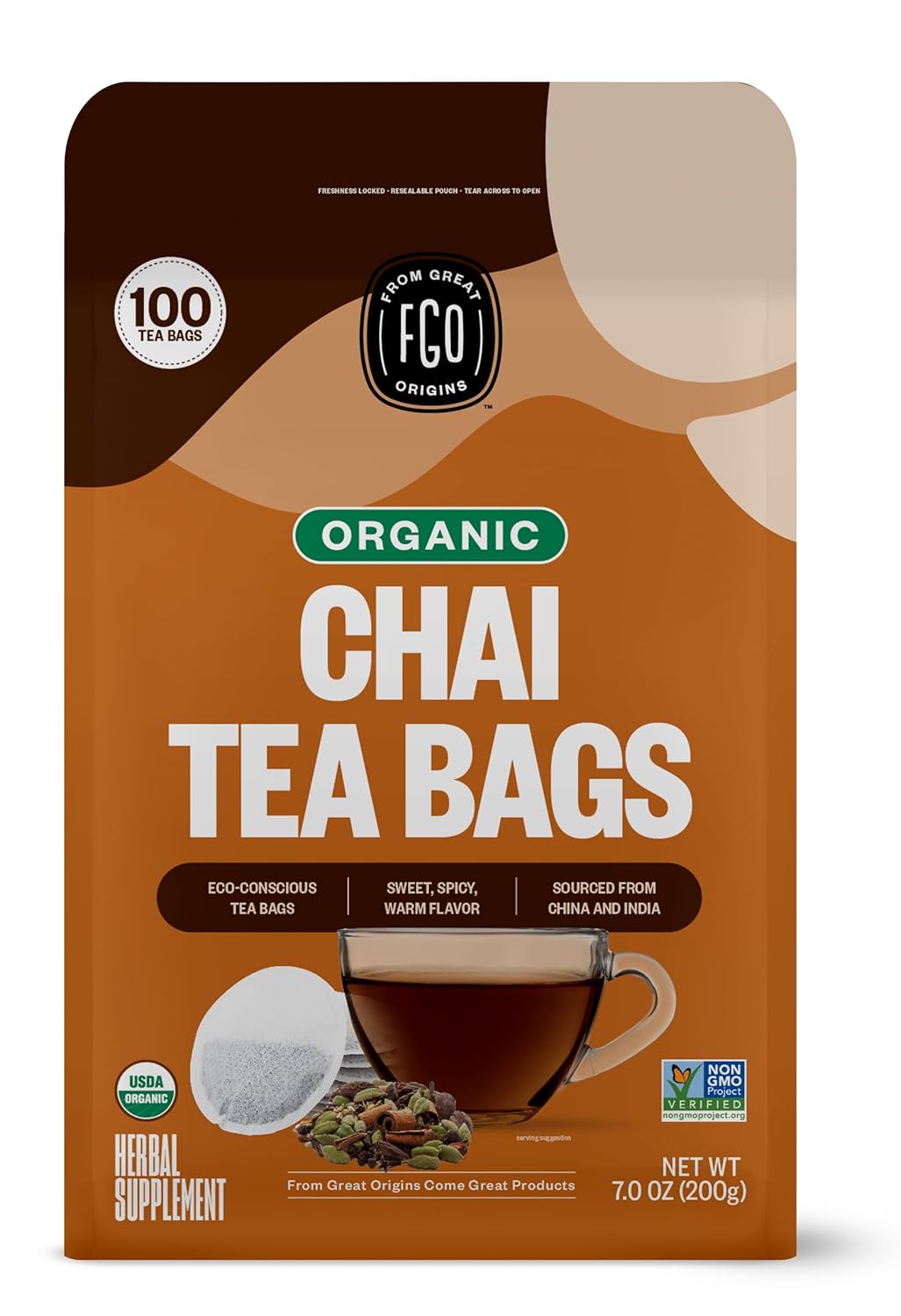 FGO Organic Chai Tea, 100 Count, Eco-Conscious Tea Bags, Resealable Bag, Packaging May Vary (Pack of 1)