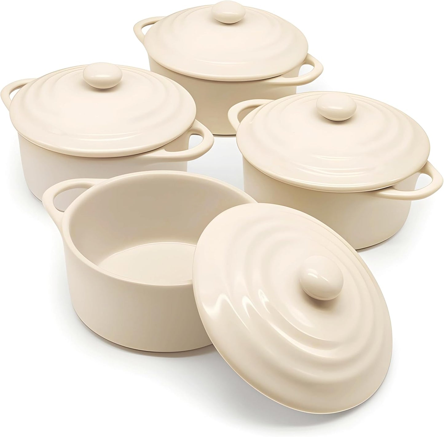 Kook Ceramic Mini Cocotte Set, Small Casserole Dishes with Lids and Handles, Individual Baking Ramekins, Oven, Microwave & Dishwasher Safe, Stoneware, 12 oz, Set of 4 (Ivory)
