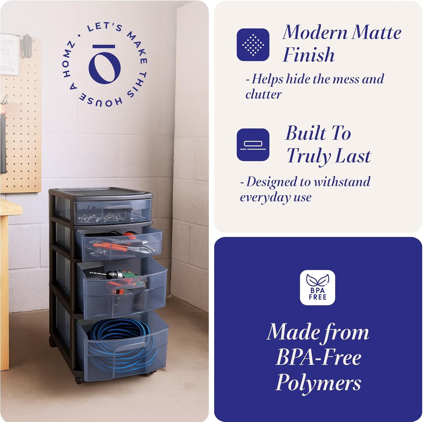 HOMZ 2-Pack Drawer Tower, 4-Tier Clear Plastic Storage Organizer Cart, Black Tint and Frame - Organizing Containers with Wheels for Home, Bathroom, Bedroom, Office, and Classroom