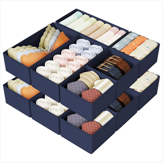 DIMJ Drawer Organizers Clothes, Set of 12 Dresser Organizer Bins, Fabric Closet Organizers and Storage, Shallow Drawer Dividers for Nursery, Clothing, Baby Clothes, Socks, Underwears, Tie (Navy Blue)
