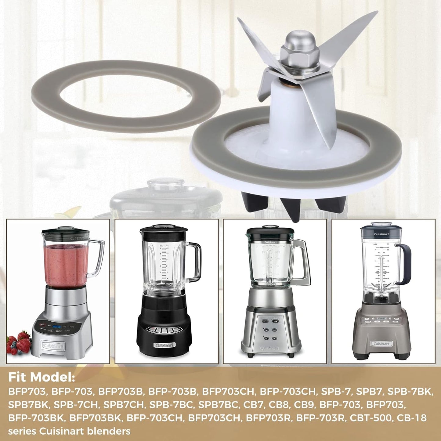 Blender Blade Cutting with 2 Gasket Sealing, Replacement for Cuisinart CBT-500, SB5600, CB600, BFP703, BFP-703, BFP703B, BFP-703CH, SPB7, SPB-7BK, CB8, CB9, BFP-703