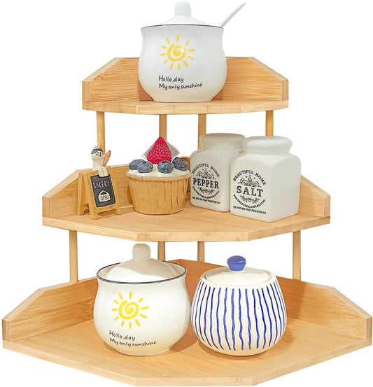 HYNAWIN Bamboo Spice Rack Corner Shelves-3 Tier Standing Pantry Shelf for Kitchen Counter Storage,Bathroom Countertop Storage Organizer-Irregular Pattern Desk Bookshelf