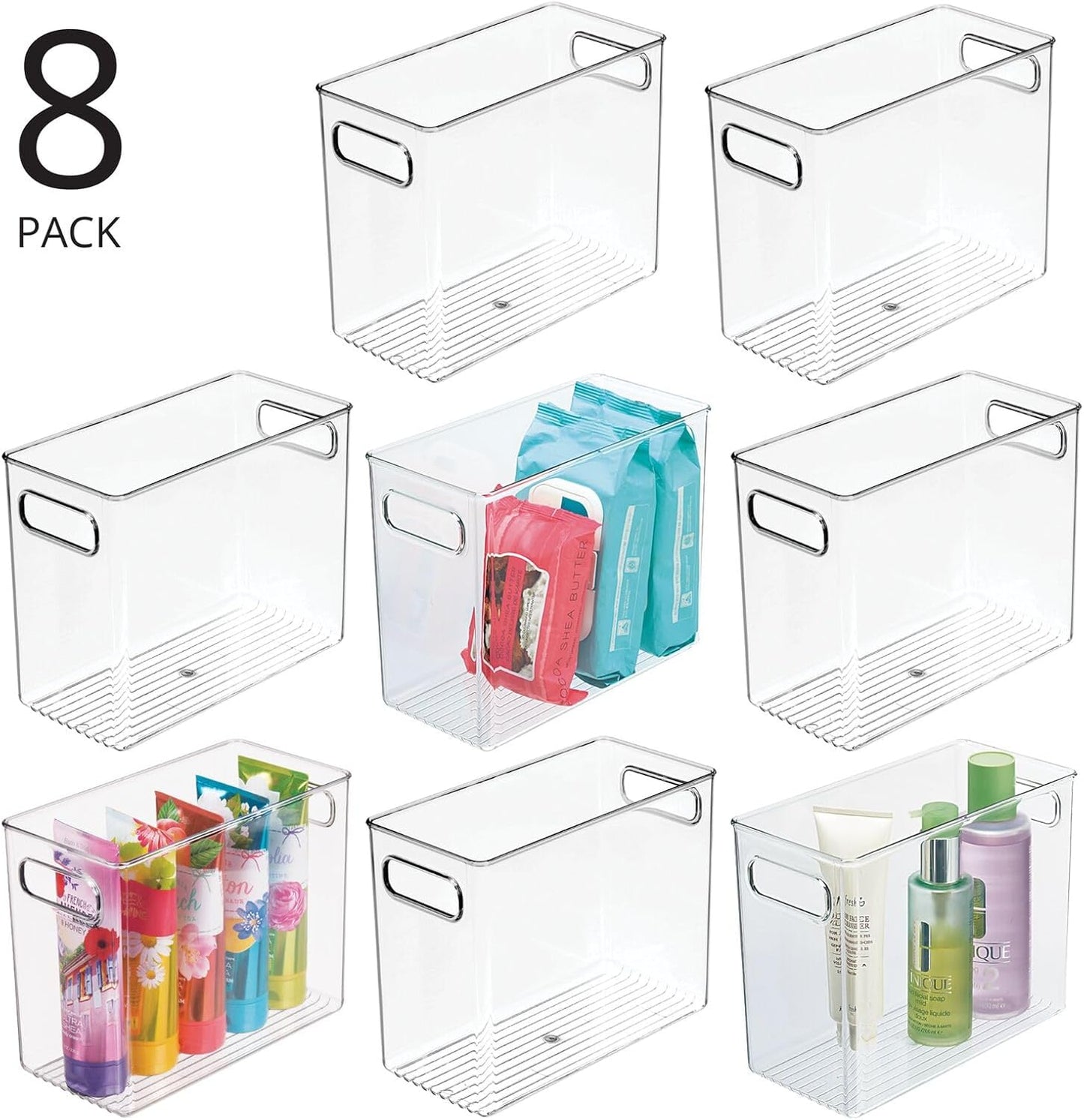 mDesign Tall Modern Stackable Plastic Storage Organizer Bin Basket with Handles for Bathroom Vanity Organization - Shelf, Cubby, Cabinet, or Closet Organizing Decor - Ligne Collection - 8 Pack - Clear