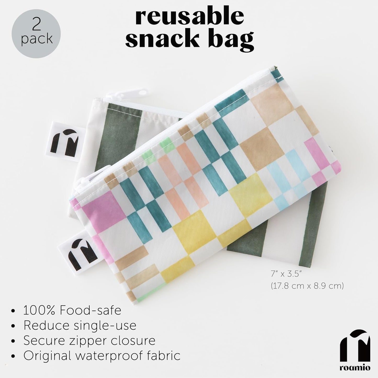 Roamio Reusable Snack Bags, for Kids School Lunch and for Adults Portion, Washable Fabric, Waterproof Cloth Zip Bag, Supplies Pack Travel Pouch, Food-Safe Storage, 2-pk Green Stripe and Multi Check