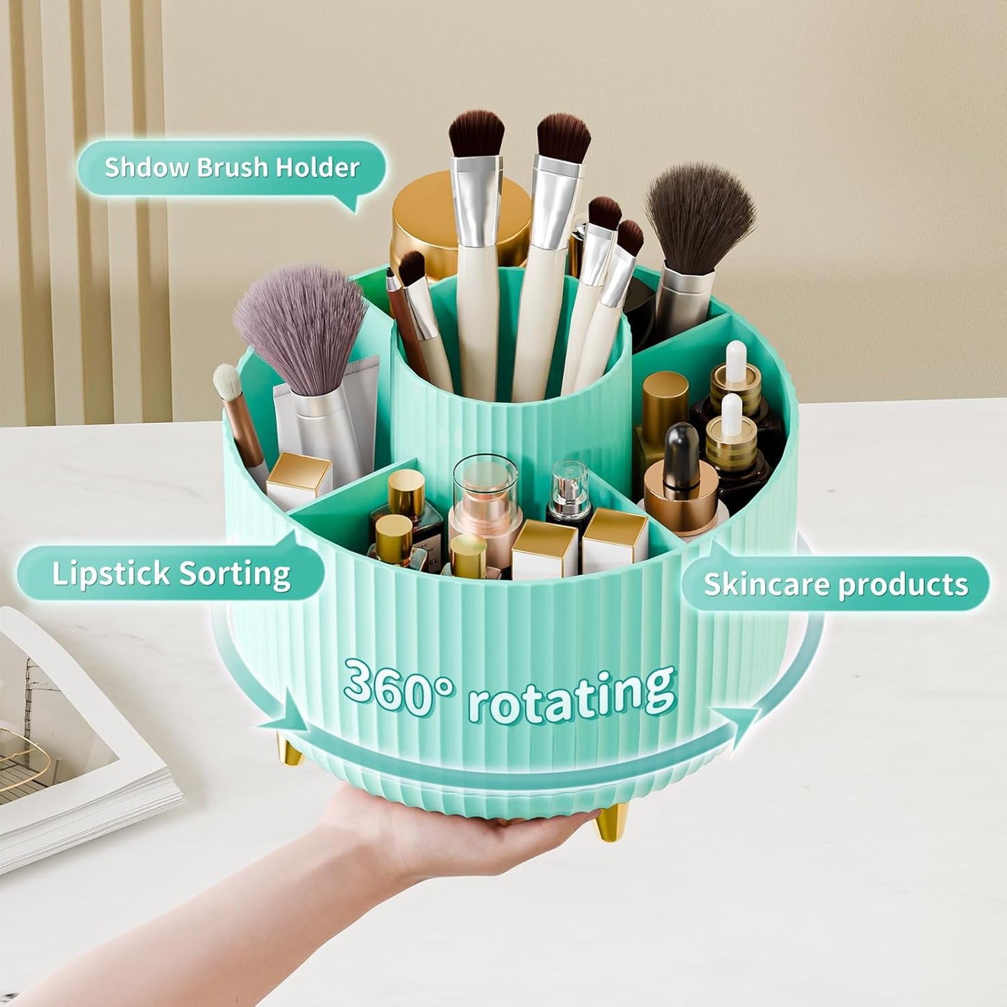 360° Rotate Makeup Brush Holder Organizer, Makeup Organizers Countertop, Makeup organization and Skincare Storage for Vanity, Desktop, Bathroom (Mint Green)