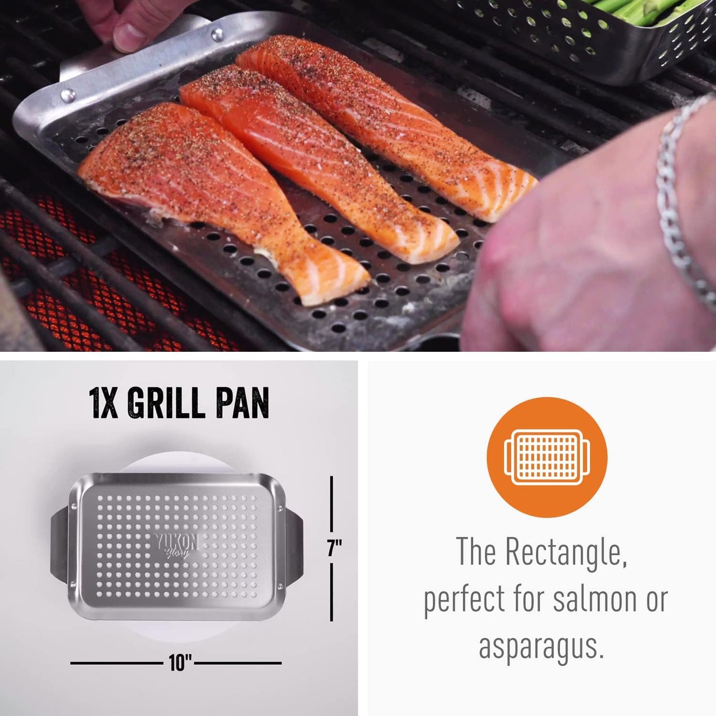 Yukon Glory 3-Piece Mini Grill Basket Set, Perforated Stainless Steel Vegetable BBQ Baskets With Grill Pan Topper, Square & Round, Dishwasher Safe