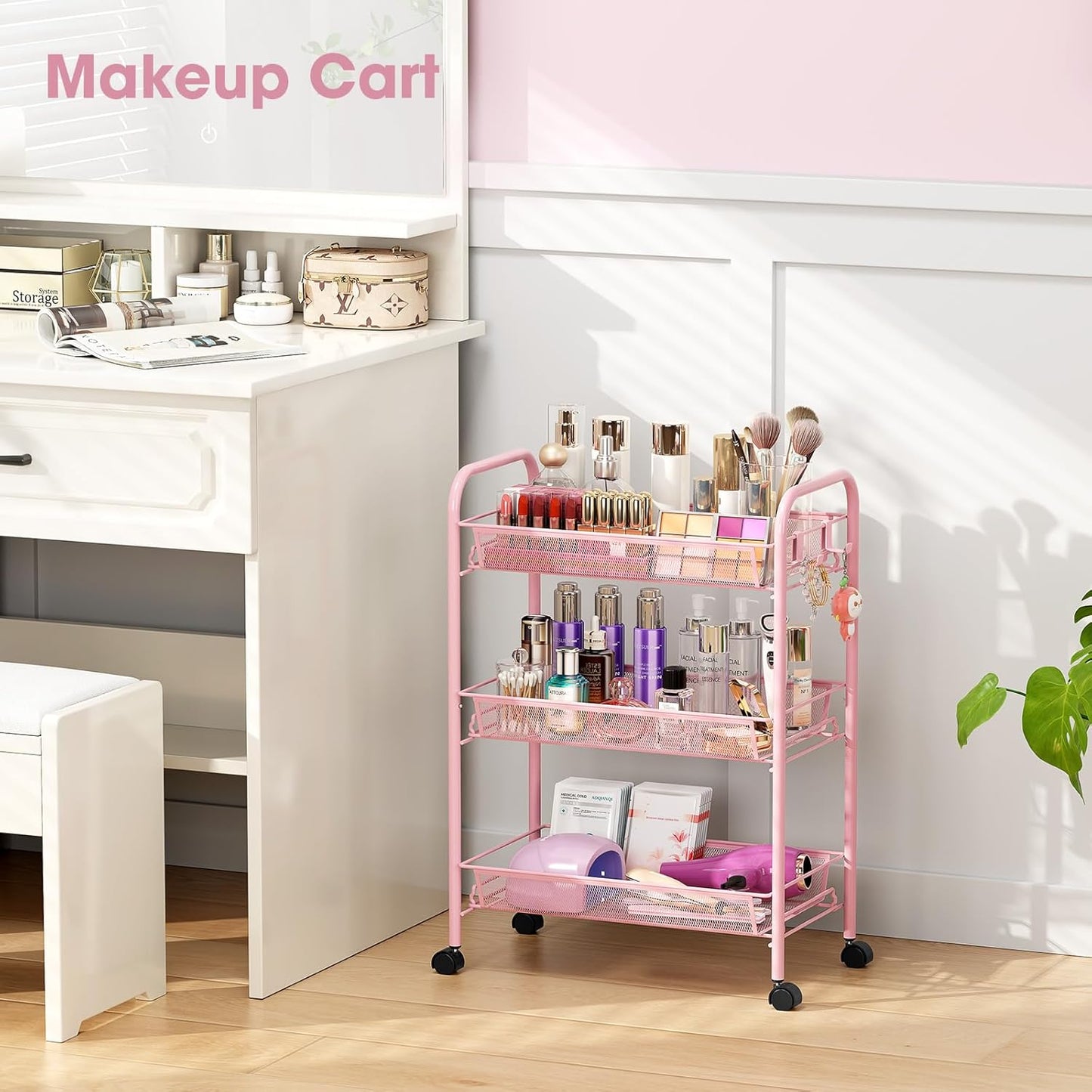 TOOLF 3 Tier Rolling Utility Cart - Durable Metal Design Pink Utility Cart, Storage Trolley on Wheels with 3 Hooks, Perfect for Kitchen, Bathroom & Laundry Room Organization