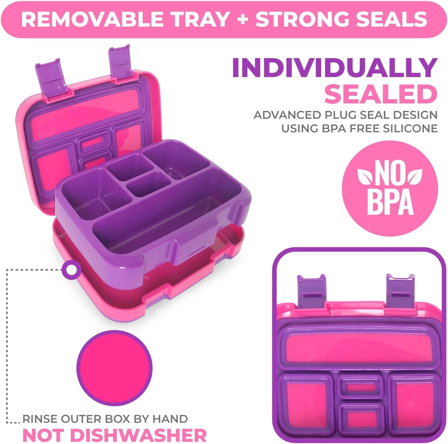 kinsho Bento Lunch Box for Kids Toddlers Girls, 5 Portion Sections Secure Lid, Microwave Safe BPA Free Removable Tray, Pre-School Kid Daycare Lunches Snack Container Ages 3 to 5, Pink Purple