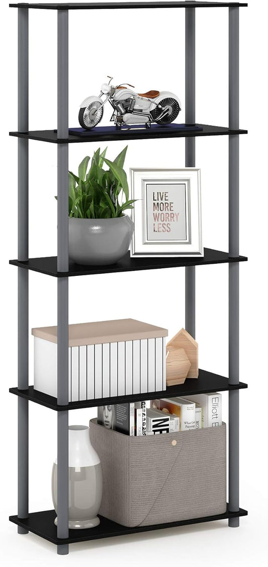 Furinno TURN-N-TUBE Storage Shelves, 5-Tier Book Shelf, Corner Shelf, Toolless Open Shelves, for Organization and Storage, Living Room, Garage, Home Office, Black