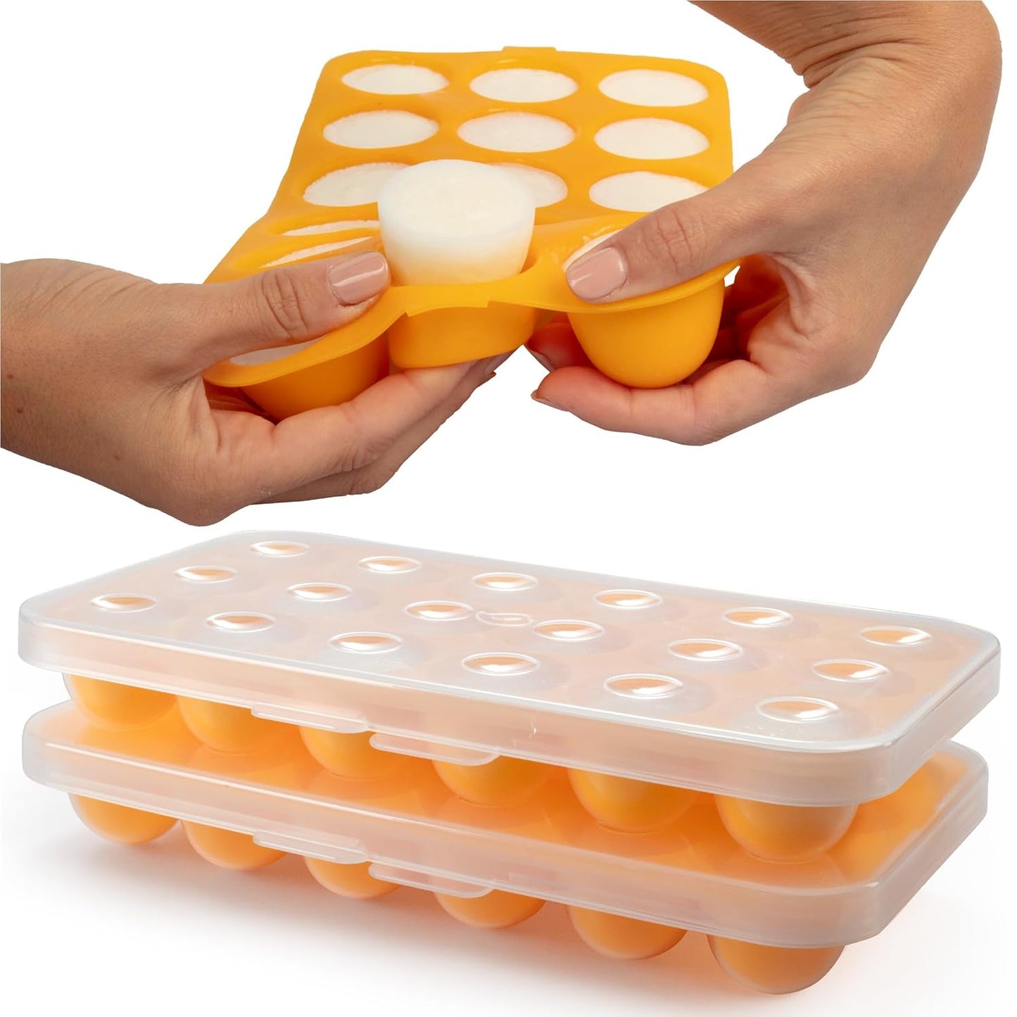 Silicone Baby Reusable Food Storage Tray (2 Pack) - Pop Out 1oz Portion Silicone Stackable Freezer Tray, Snap-on Lid, Non Toxic BPA & PVC Free, Dishwasher &Microwave Safe, Healthy Meal Prep, Gift