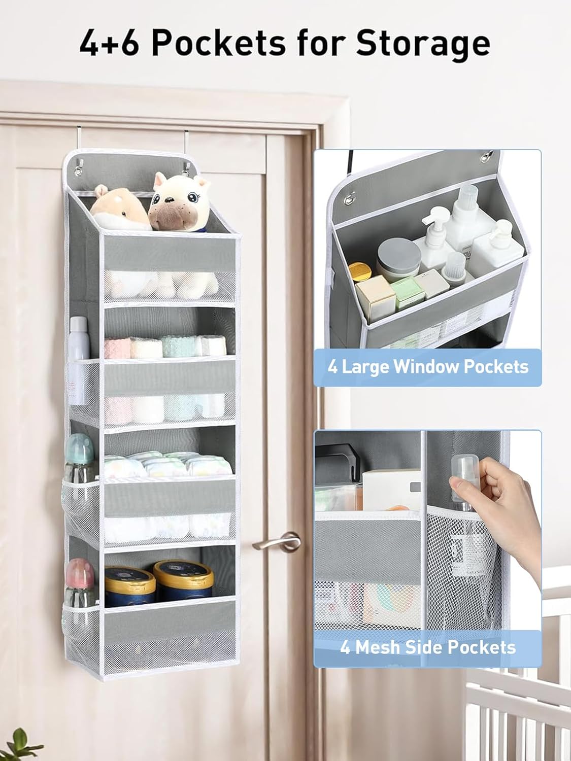 Yecaye 3 Pack Over the Door Organizer, 35.2lbs Load Toy Stuffed Animal Storage, Swing-proof Hanging Bathroom Organizers and Storage for Nursery Newborn Baby Essential Stuff Dorm Room Essentials Grey