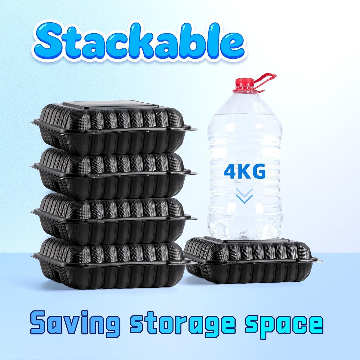 YANGRUI Disposable Containers 7.8" 30 oz 65 Pack - Shrink Wrap BPA Free Mineral Filled PP Plastic Food Container | 3 Compartment Freezer & Microwave Safe | Black Heavy Duty Clamshell Takeout Boxes