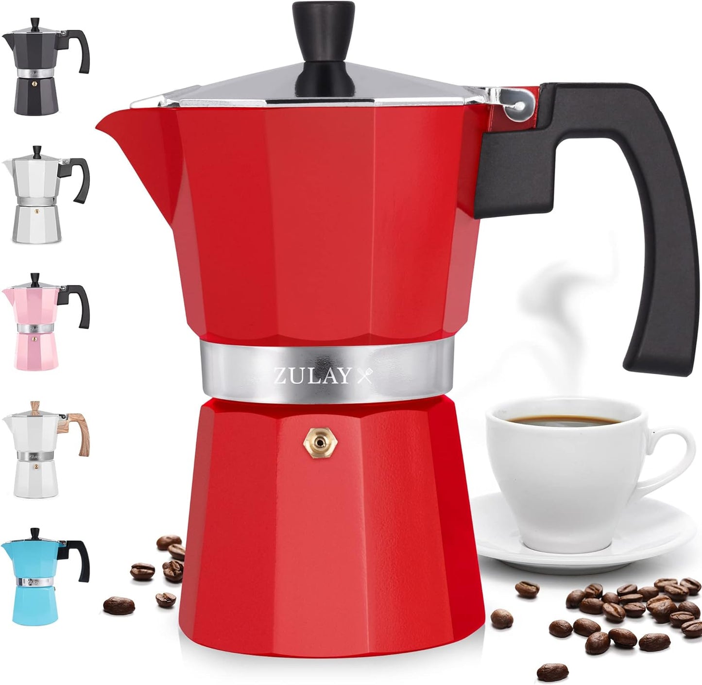 Zulay Classic Italian Style 6 Espresso Cup Moka Pot, Stovetop Espresso Maker for Great Flavored, Makes Delicious Coffee, Easy to Operate & Quick Cleanup Pot (Red)
