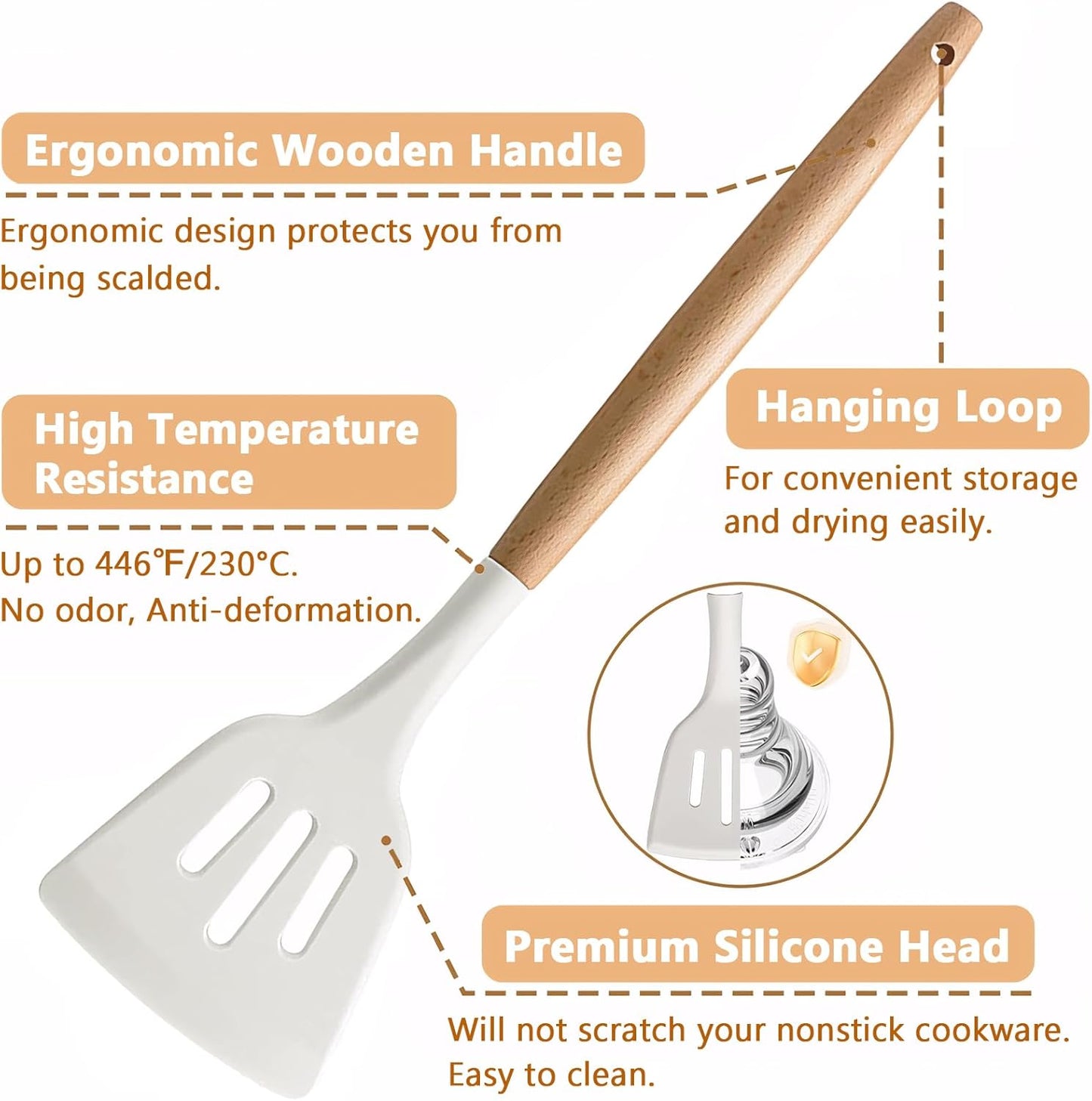 Kitchen Cooking Utensils Set 6Pcs Non-Stick Silicone Kitchen Utensils Spatula Spoon Turner Ladle Pasta Server, Heat Resistant Wooden Handle Silicone Cooking Gadgets Sets for Cookware & Baking