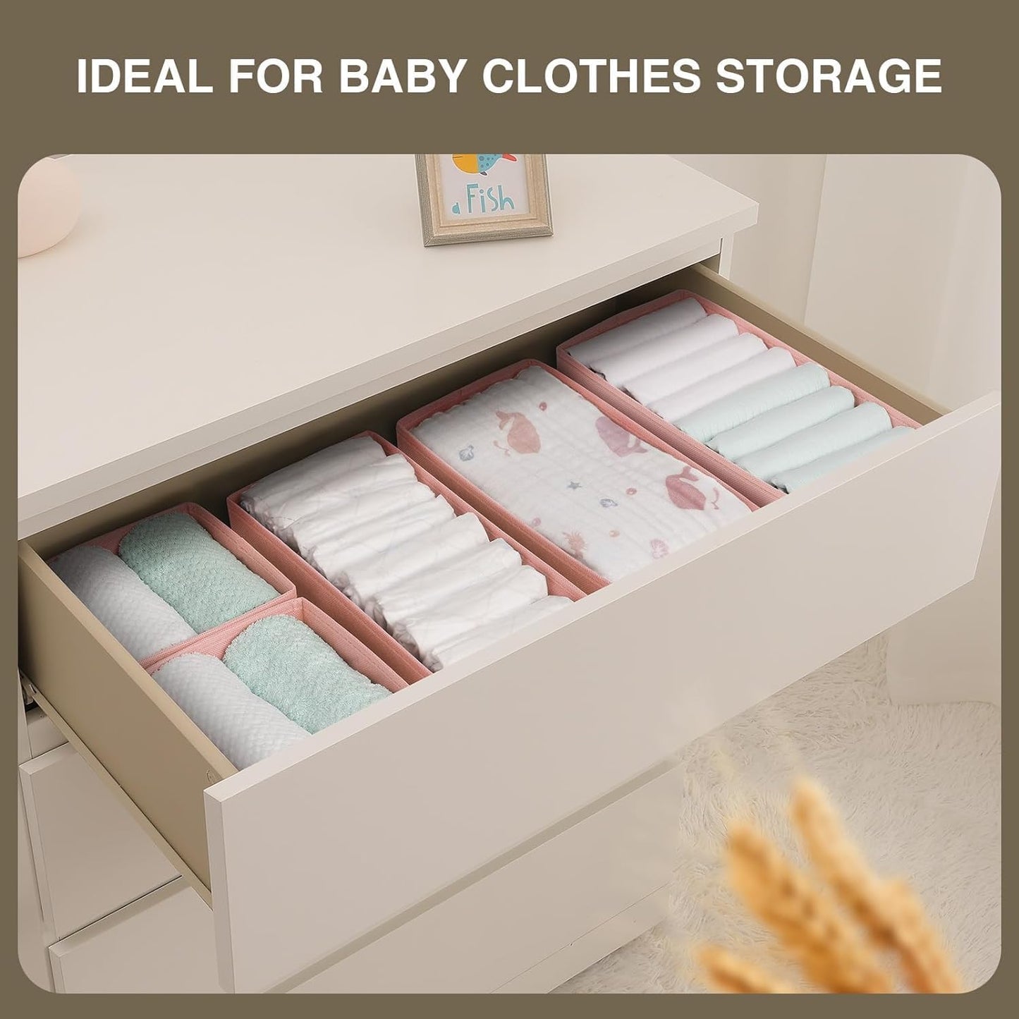 DIMJ Drawer Organizers for Clothing, Set of 8 Dresser Drawer Organizers, Fabric Closet Organizers and Storage, Drawer Dividers for Baby Clothes, Socks, Belt, Tie (Pink)