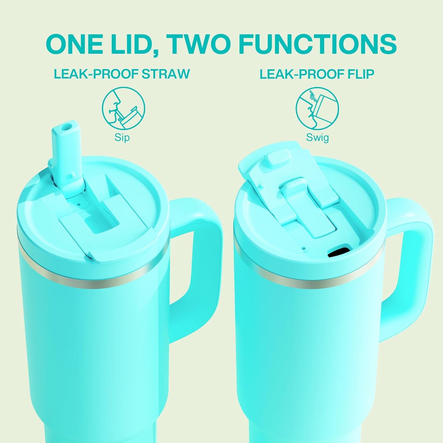 40 oz Tumbler with Handle and Straw: Stainless Steel Insulated Tumbler Keeps Cold for 24 Hours, Leakproof Travel Cup Fits in Cup Holder and BPA-Free,Aquamarine Blue