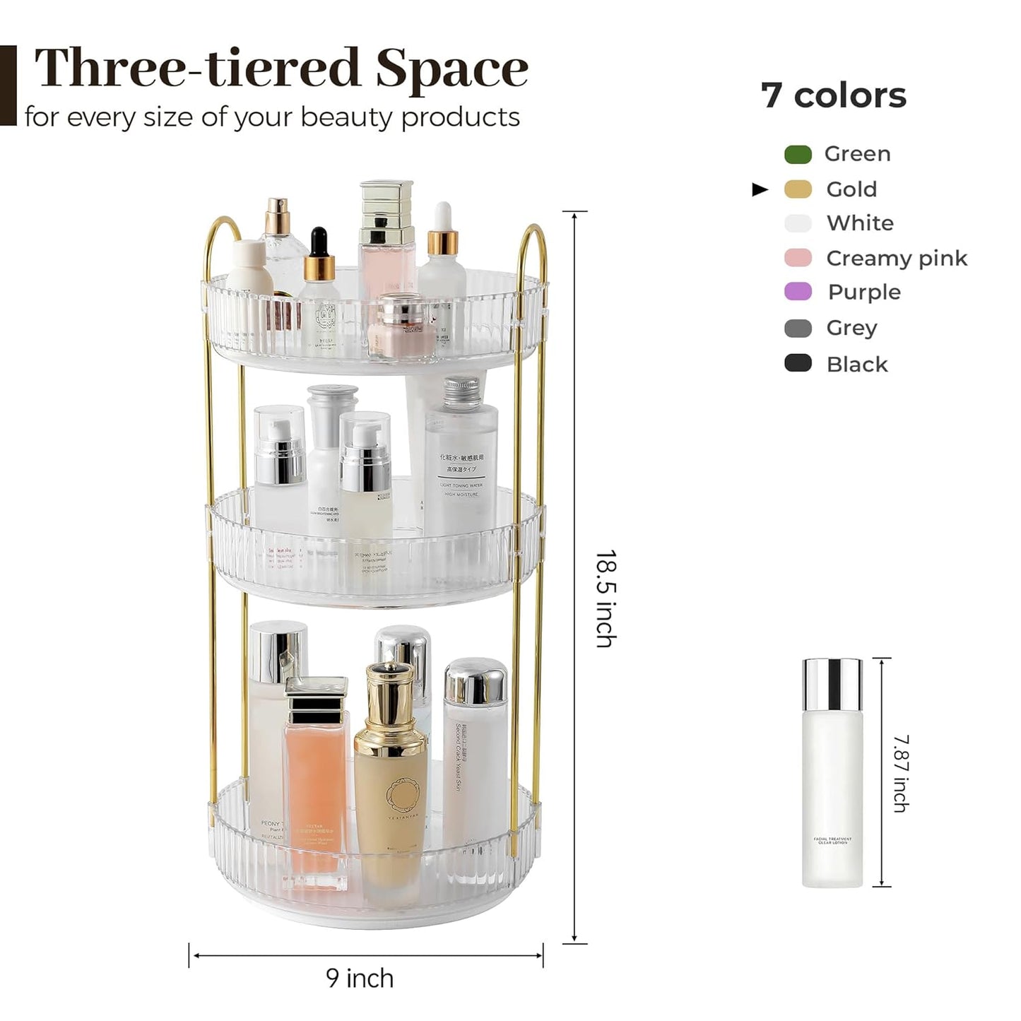Aveniee Rotating Makeup Organizer for Vanity, 3 Tier Perfume Skincare Organizers and Storage for Bathroom Countertop, Clear Spinning Counter Shelf Cosmetic Holder for Dresser,Gold