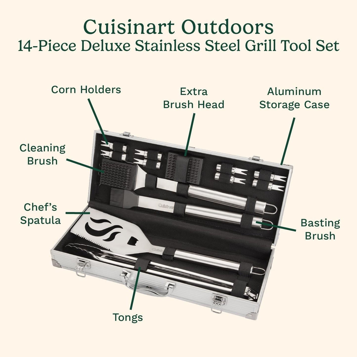 Cuisinart 14-Piece Deluxe Stainless Steel Grill Set, Grilling Accessories Kit with Spatula, Tongs, Corn Holders, Basting Brush, Cleaning Brush & Aluminum Carry Case, BBQ Tools for Outdoor Grill