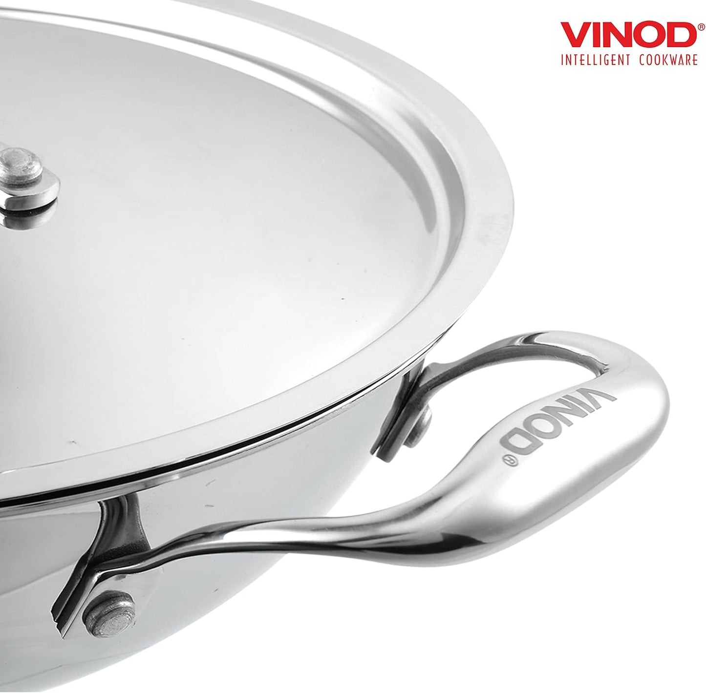 Vinod Platinum Triply Stainless Steel Kadai | Suitable For Indian Cooking, Sauces, Stews, Soups | Extra Deep Kadai With Lid | Induction, Electric Friendly (22cm)