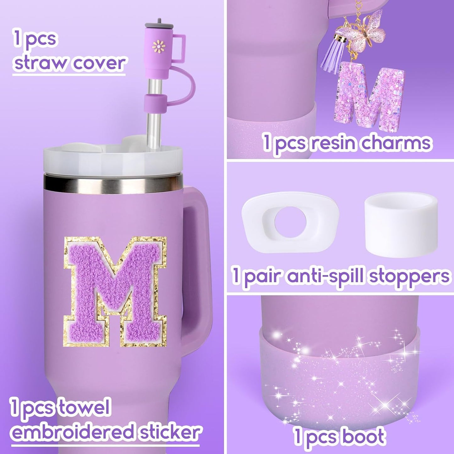 Mity rain 6PCS Cup Accessories Set for Stanley Cup 30oz 40oz tumbler with handle, Including Silicone Straw Topper Cover Cap and Boot, Spill Proof Stopper, Handle Charm, Initials Sticker (Letter M)