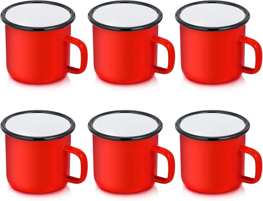 P&P CHEF Enamel Camping Coffee Mug Set of 6, Small Colored Mugs Cups for Family Gathering/Friend Party/Camping/Picnic/Fishing, Lightweight & Portable -12 Ounce, 350ML & Red