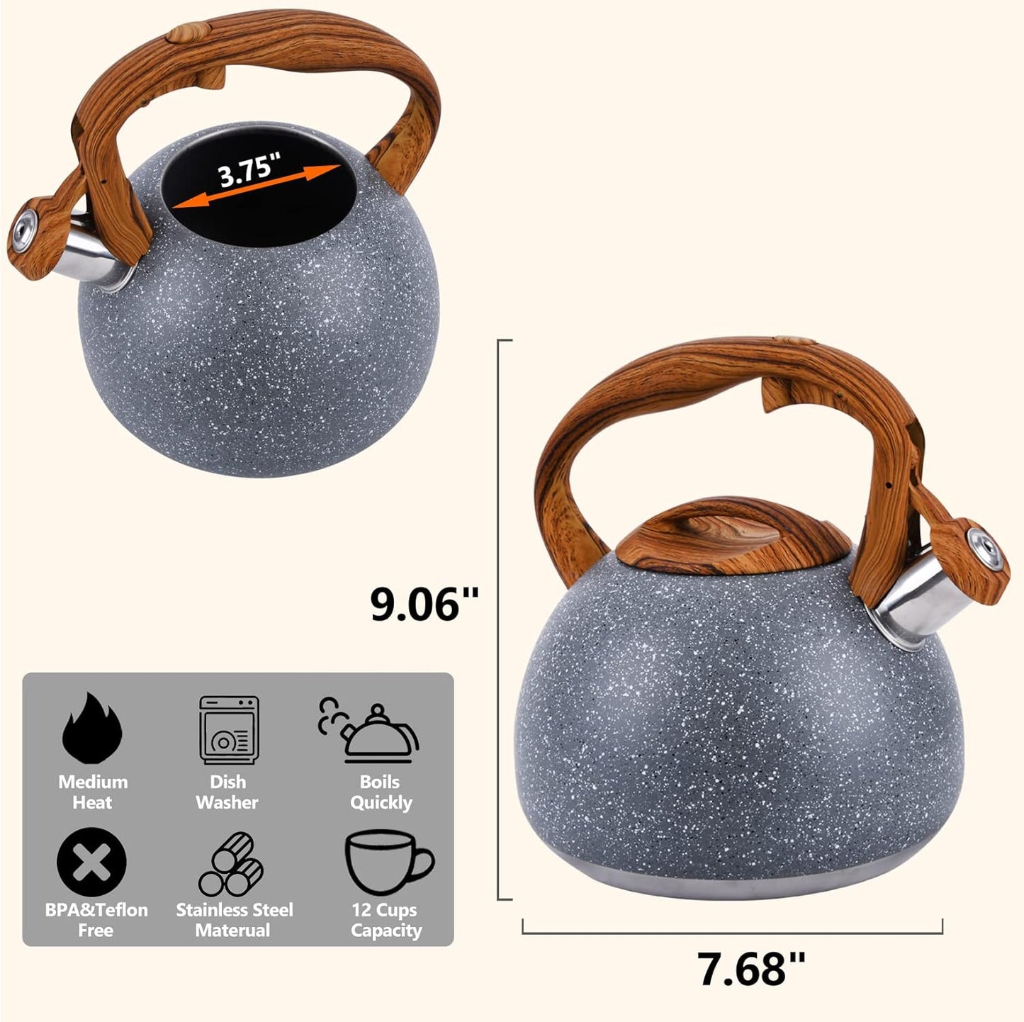 Tea Kettle, 3.2 Quart Whistling Tea Kettle Stovetop, Tea Pots for Stove Top Food Grade Stainless Steel with Wood Pattern Handle, Grey Teapot