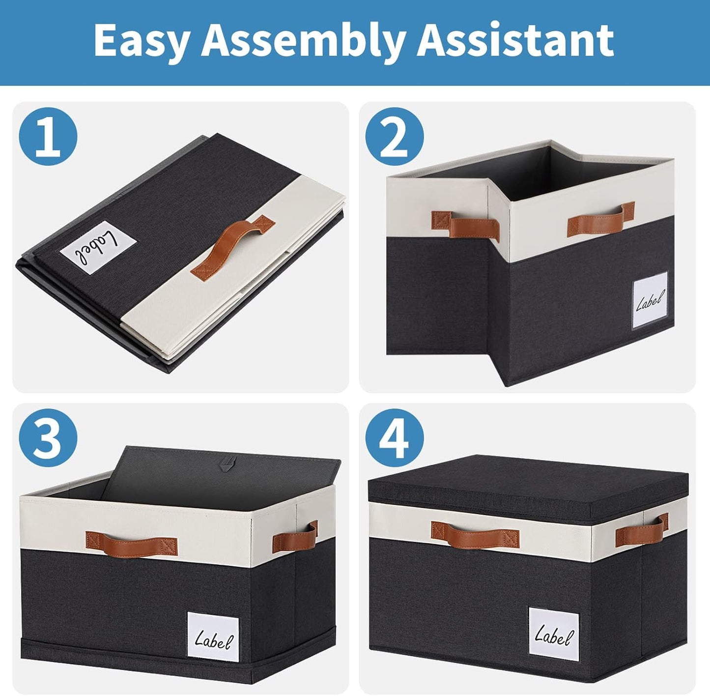 GhvyenntteS Extra Large Storage Bins with Lids, Foldable Fabric Storage Boxes with Lids and 3 Leather Handles, Storage Baskets with Label Window (6 Pack, Black, 15.75" x 11.8" x 10.2")