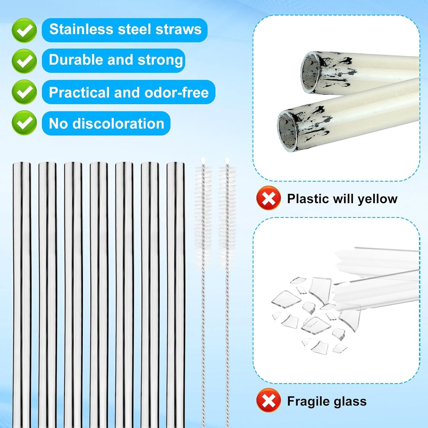 7pcs Metal Straws for Owala, Durable Stainless Steel Water Bottle Straw Replacements with 2 Cleaning Brushes for Owala Water Bottle 24oz/32oz
