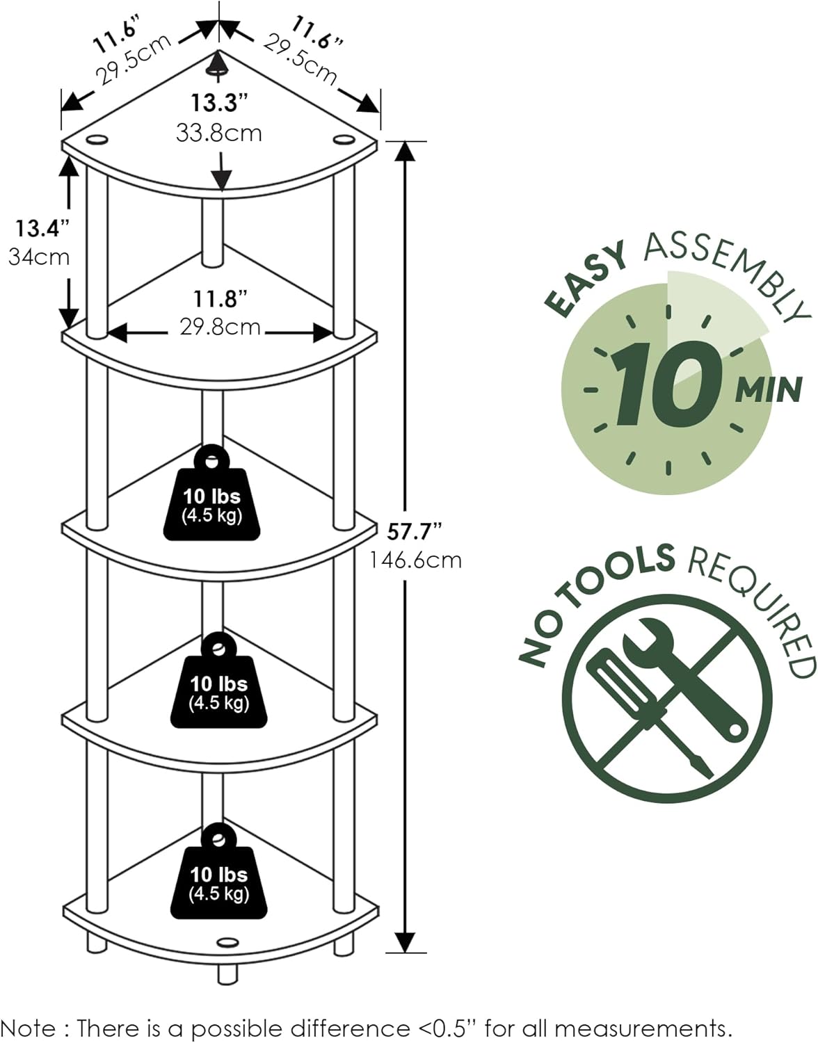 Furinno Turn-N-Tube Corner Shelf, 5-Tier Corner Bookshelf, Open Storage Shelves, for Organization and Storage, Living Room, Home Office, Garage, Bedroom, Black Walnut