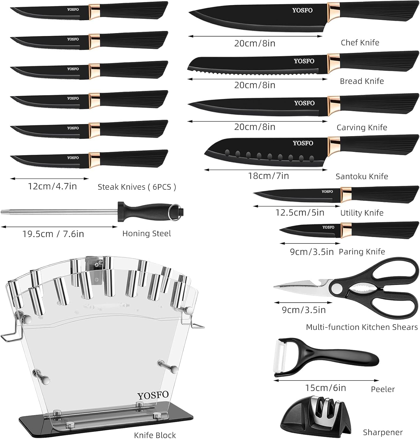 Kitchen Knife Sets with Block and Sharpener, 17Pcs Stainless Steel Knife Set includes Serrated Steak Knives Set, Chef Santoku Knives, Scissor, Knife Holder (Black Knife Set with Block)