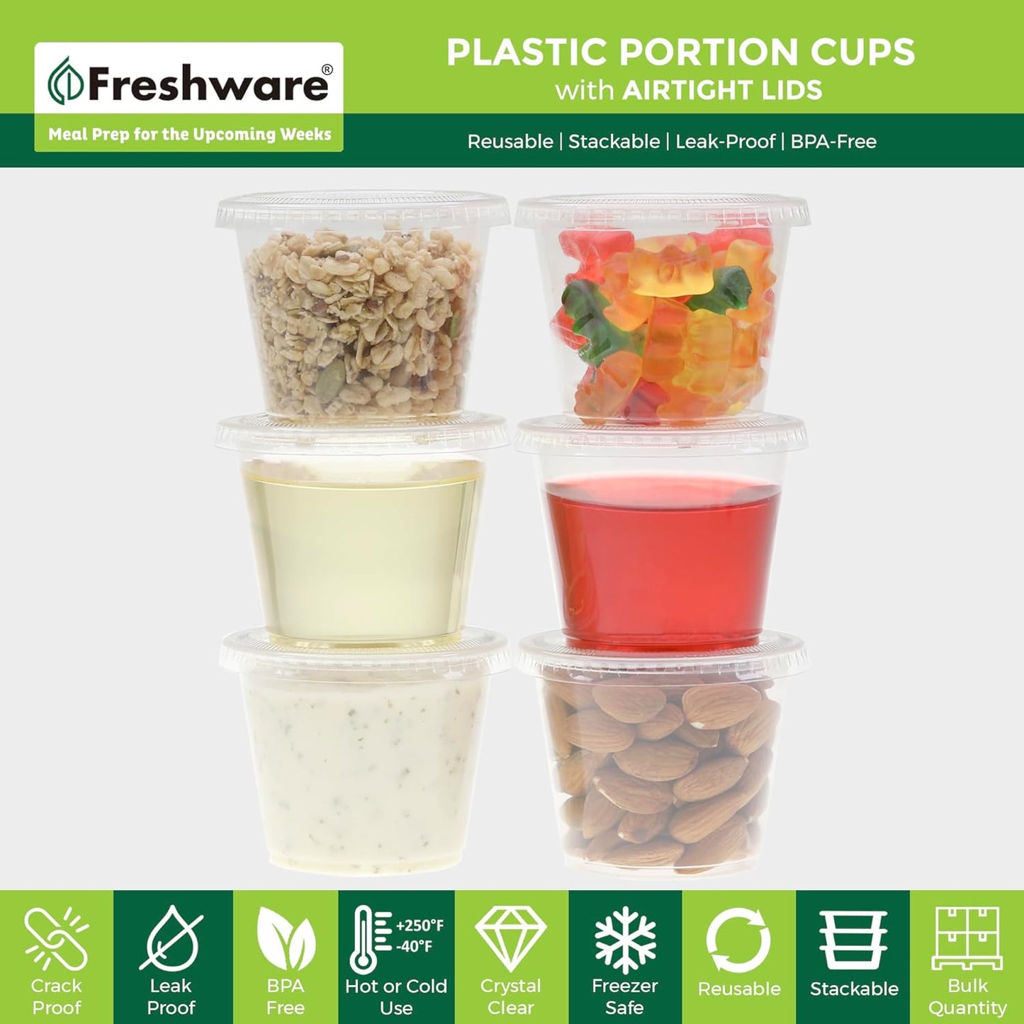 Freshware Plastic Portion Cups with Lids [5.5 Ounce, 200 Sets] Souffle Cups, Jello Shot Cups, Condiment Sauce Containers For Sampling, Sauce, Snack or Dressing