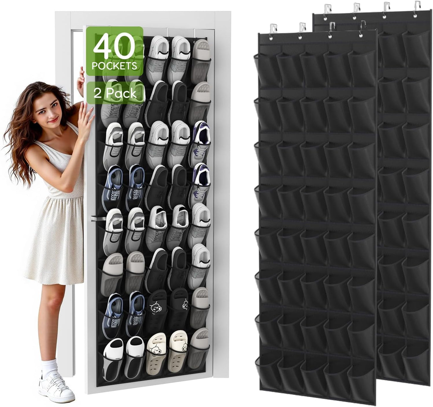 Unjumbly Over the Door Shoe Organizer with 40 Large Breathable Mesh Pockets, Space Saving Shoe Holder, Hanging Shoe Rack for Entryway Bedroom Closet Storage (Black, 80 Pockets)