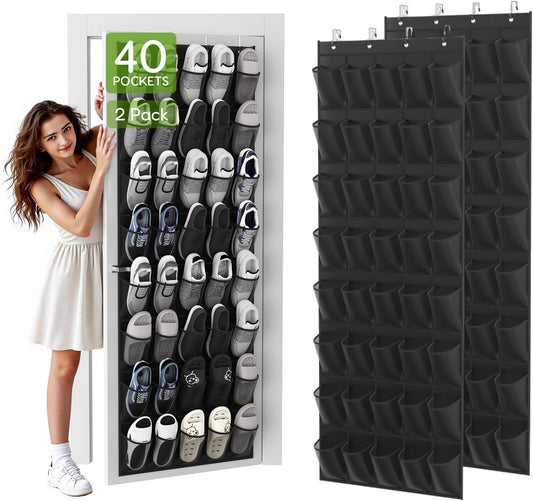 Unjumbly Over the Door Shoe Organizer with 40 Large Breathable Mesh Pockets, Space Saving Shoe Holder, Hanging Shoe Rack for Entryway Bedroom Closet Storage (Black, 80 Pockets)