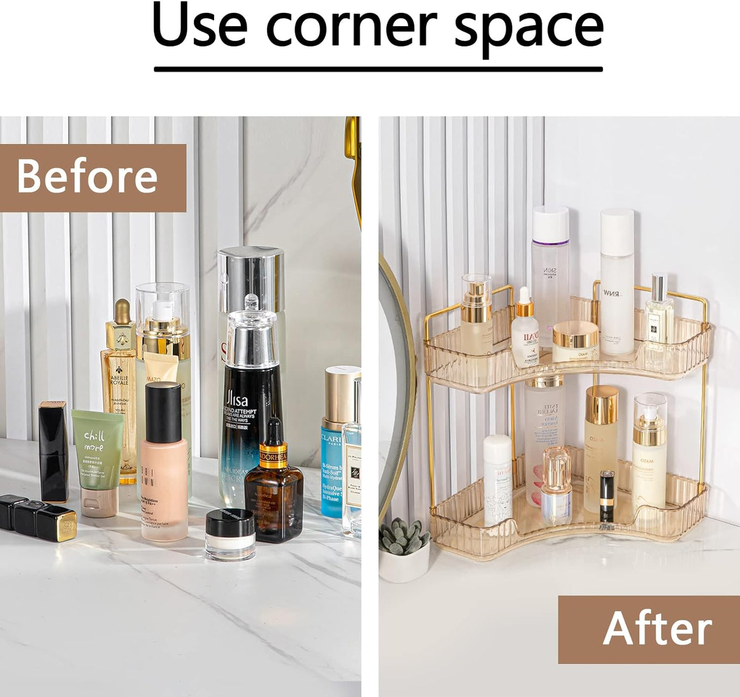 2-Tier Corner Bathroom Counter Organizer – Classic Storage Shelf for Makeup, Perfume & Toiletries, Space-Saving Countertop Tray Fits Bathroom, Dresser, Kitchen (Vintage Gold)