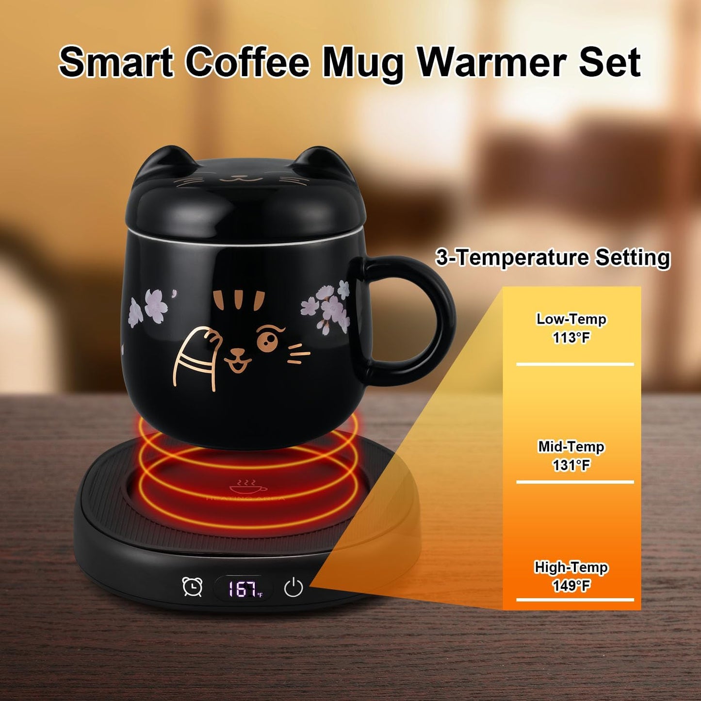 Coffee Mug Warmer & Cute Cat Mug Set, Electric Cup Warmer for Desk with Auto Shut Off, 4 Temperature Setting & 8h Timer Smart Tea Beverage Warmer for Coffee Office, Ideal for Men Women Birthday Gifts