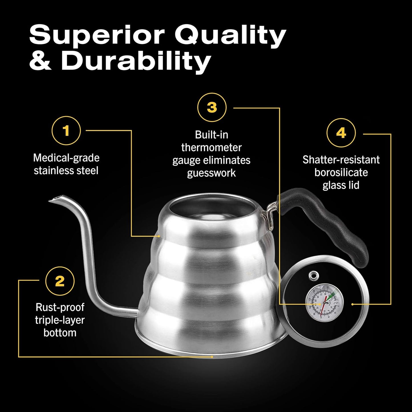 Bean Envy Pour Over Coffee Kettle - 40 oz, Stainless Steel, Gooseneck Coffee and Tea Kettle with Thermometer and Ergonomic Handle