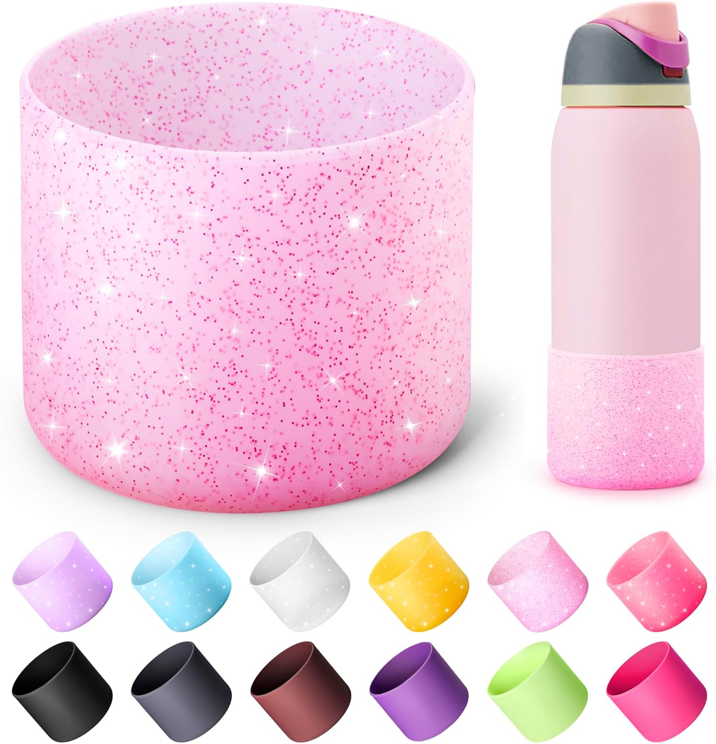Silicone Water Bottle Boot for Owala 40 oz, Anti-Slip Protective Sleeve for Owala Twist & FreeSip & Flip Stainless Steel Water Bottle, Boot Bottom Base (Glitter Pink)