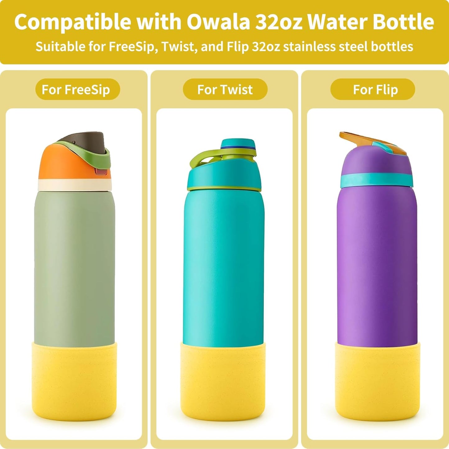 Silicone Water Bottle Boot for Owala 32 oz, Anti-Slip Protective Sleeve for Owala Twist & FreeSip & Flip Stainless Steel Water Bottle, Boot Bottom Base for Owala (Glitter Yellow)