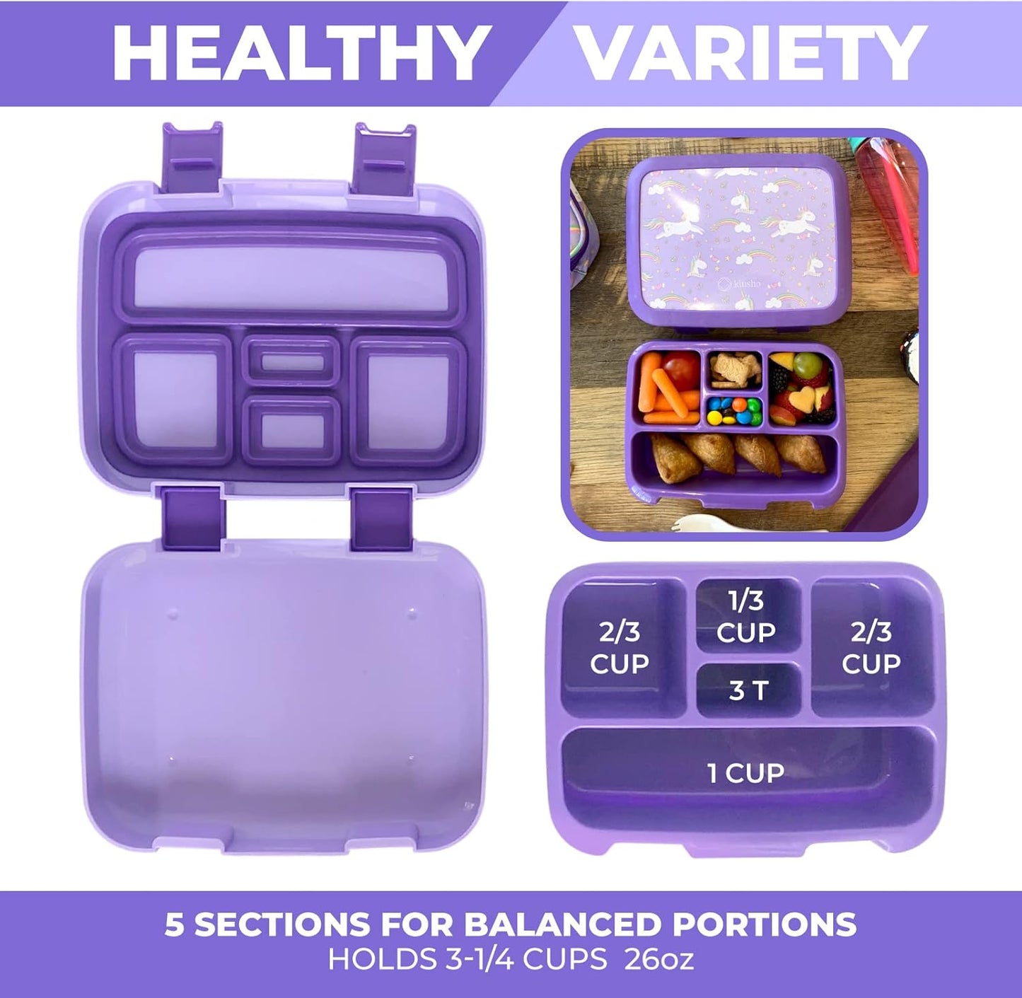 Bento Box Lunch Boxes for Toddlers Kids Girls, 5 Portion Sections Secure Lid, BPA Free Removable Tray, Pre-School Kid Daycare Lunches Snack Container Ages 3 to 5, Loncheras Para Niñas, Purple Unicorn