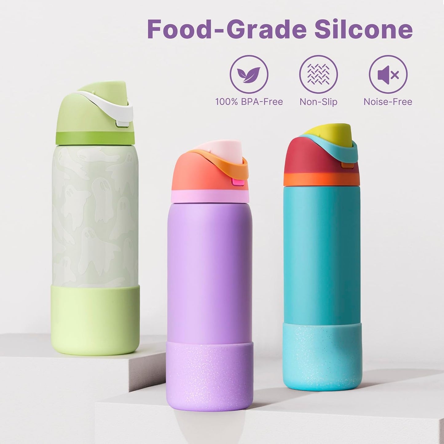 Silicone Water Bottle Boot for Owala 24 oz 32 oz 40 oz, Anti-Slip Protective Sleeve for Owala Twist & FreeSip & Flip Stainless Steel Water Bottle, Boot Bottom Base(Glitter Purple)