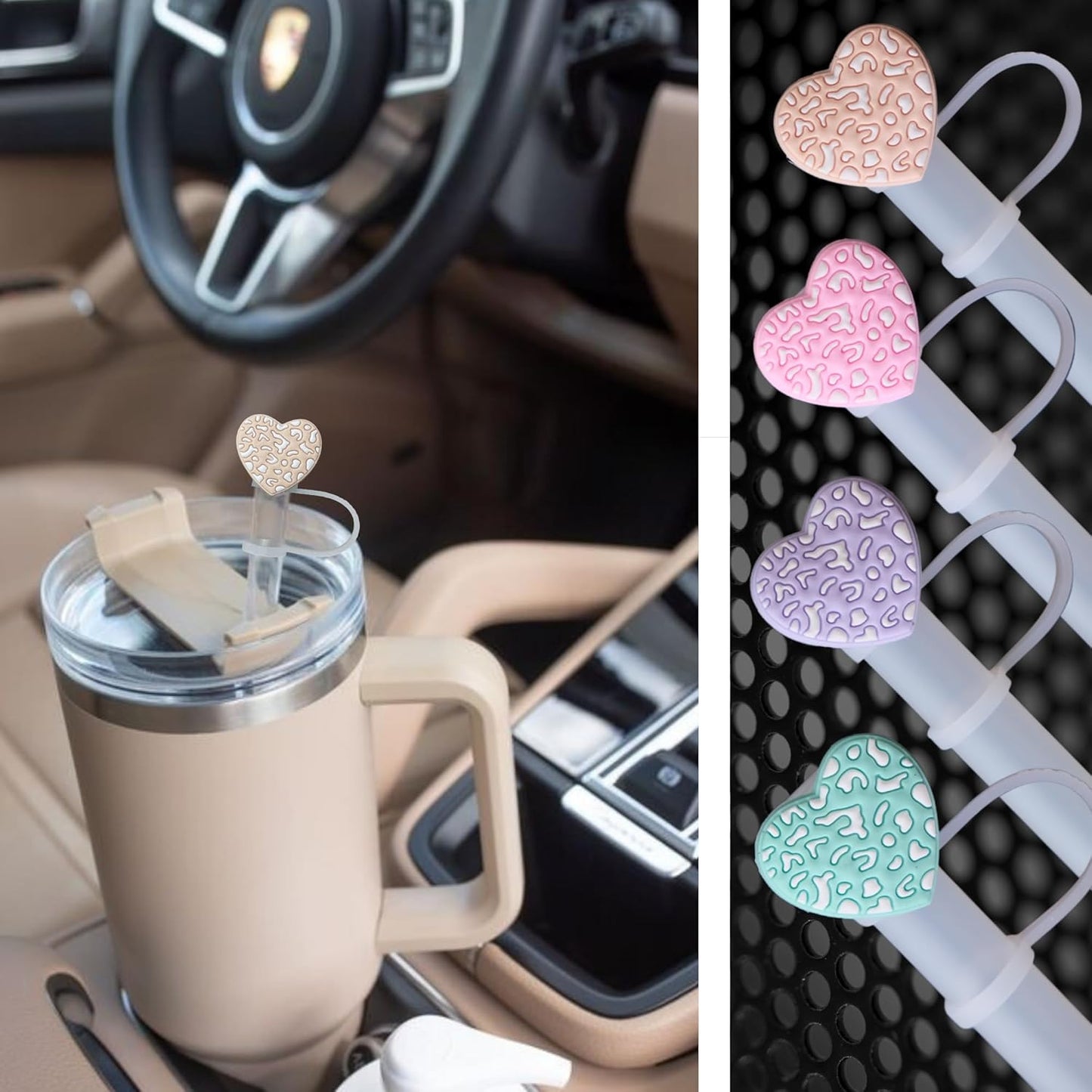 4 PCS Silicone Straw Covers Cap Compatible with Stanley Tumbler, pack of 10mm Cute Heart Straw Toppers for Tumblers Dust-Proof Drinking Straw Caps for Reusable Straws Tips Lids