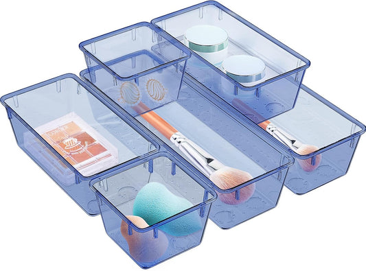 WOWBOX 6 Pack Clear Drawer Organizer Set, Acrylic Drawer Storage Trays, Storage Bins for Makeup, Cosmetics, Jewelries, Utensils, Gadgets, Office, Dark Blue
