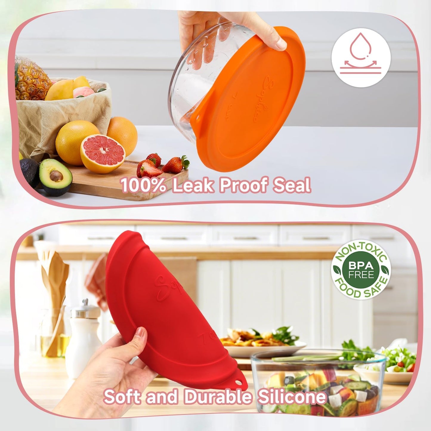 Sophico Round Silicone Storage Cover Lids Replacement for Anchor Hocking and Pyrex 7402-PC 6/7 Cup Glass Bowls (Container not Included) (Red - 2 pack)