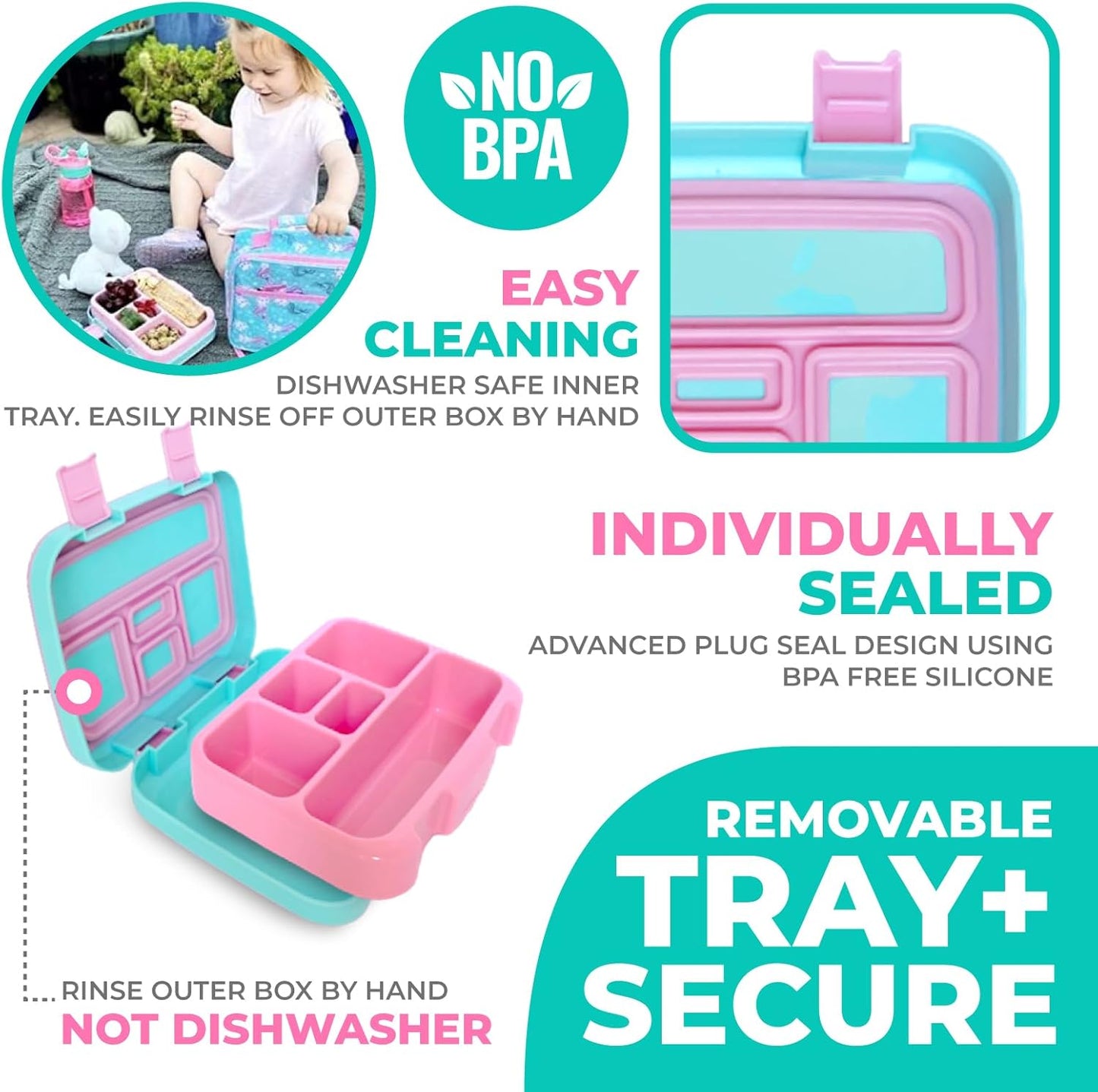 kinsho Bento Lunch Box. Insulated Bag, Water Bottle & Ice Pack Set for Kids, Toddlers, Girls. 5 Portion Sections, Removable Tray, Pre-School Toddler Daycare Lunches, Snack Container, Aqua Cat Mermaid