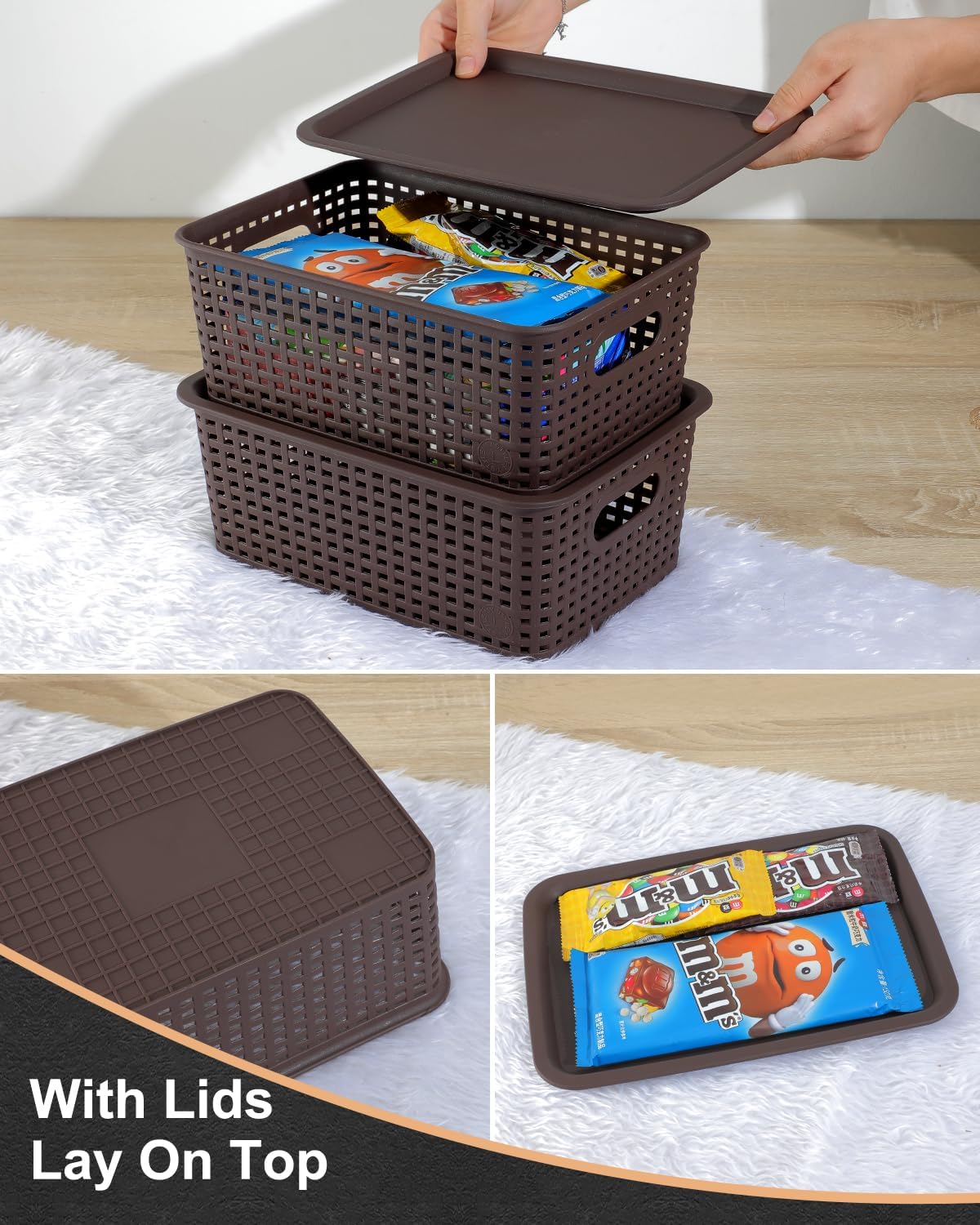 AREYZIN Lidded Storage Bins Plastic Storage Baskets With Lid Organizing Container Knit Storage Organizer Bins for Shelves Drawers Desktop Playroom Classroom Office, 6 Pack,Brown