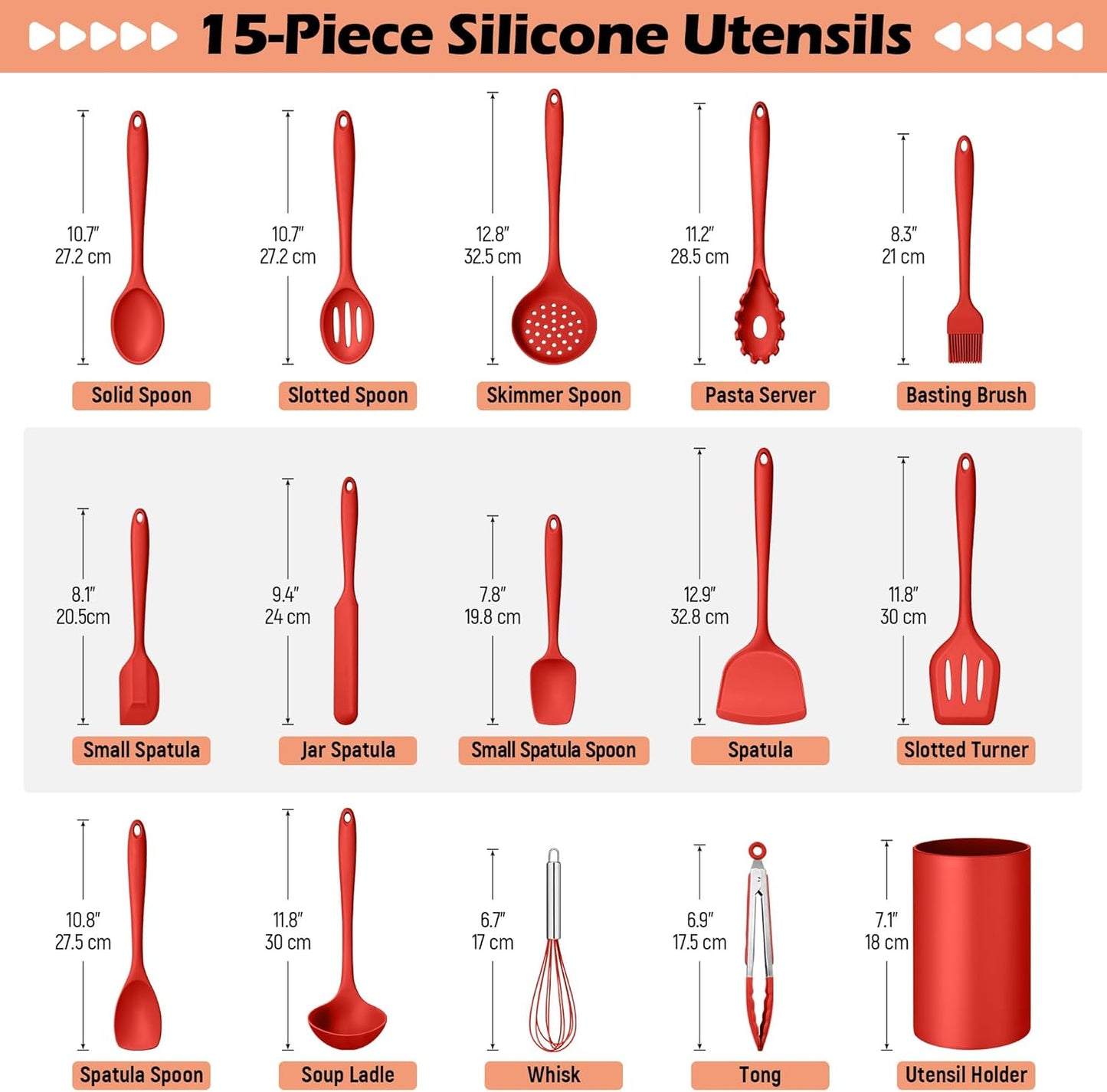 Kitchen Cooking Utensils Set with Holder, Homikit 15-Piece Silicone Spatula Set for Nonstick Cookware, 446°F Heat Resistant Spoon Turner Tong Whisk Brush for Cooking and Baking-Red