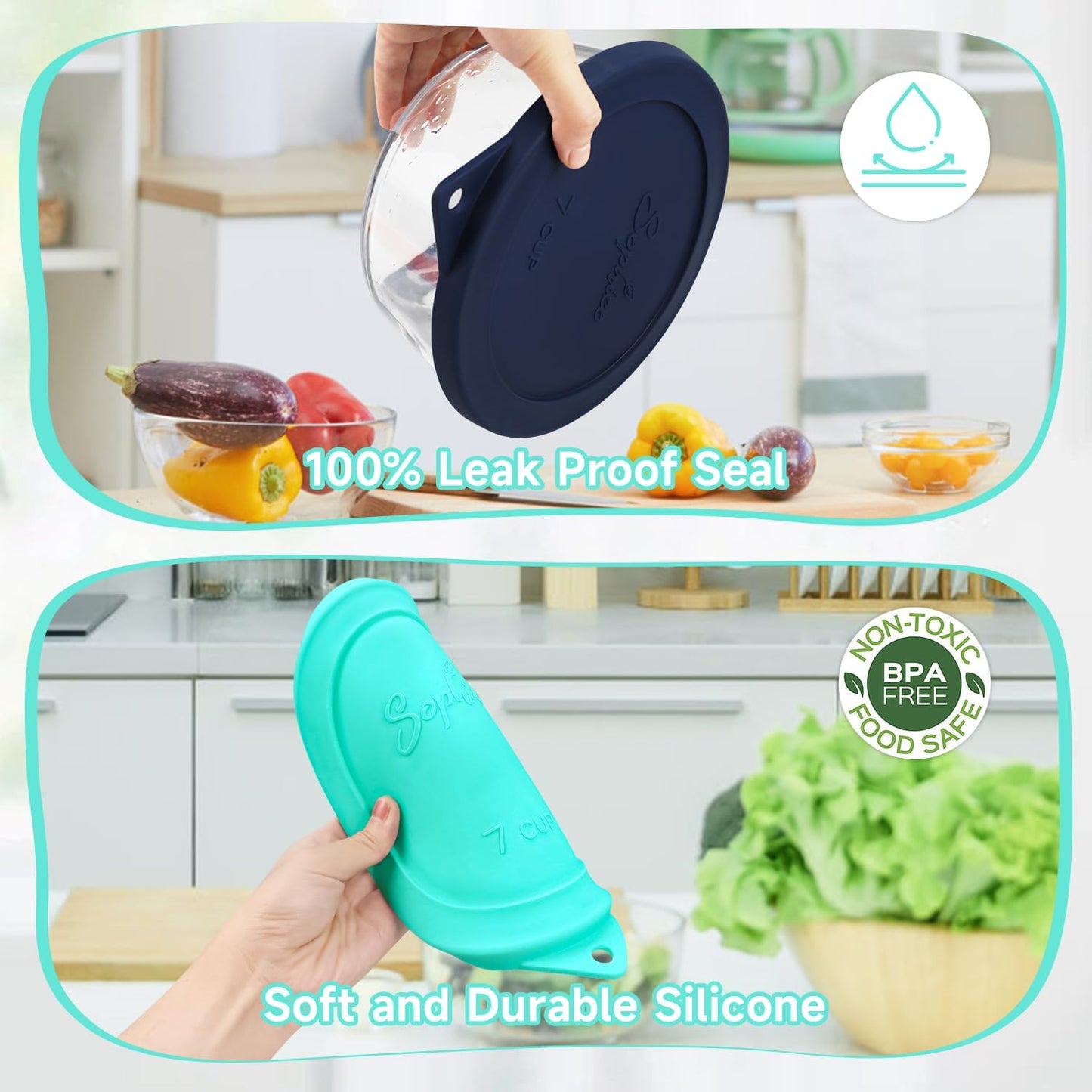 Sophico Round Silicone Storage Cover Lids Replacement for Anchor Hocking and Pyrex 7402-PC 6/7 Cup Glass Bowls (Container not Included)(Mint - 2 pack)