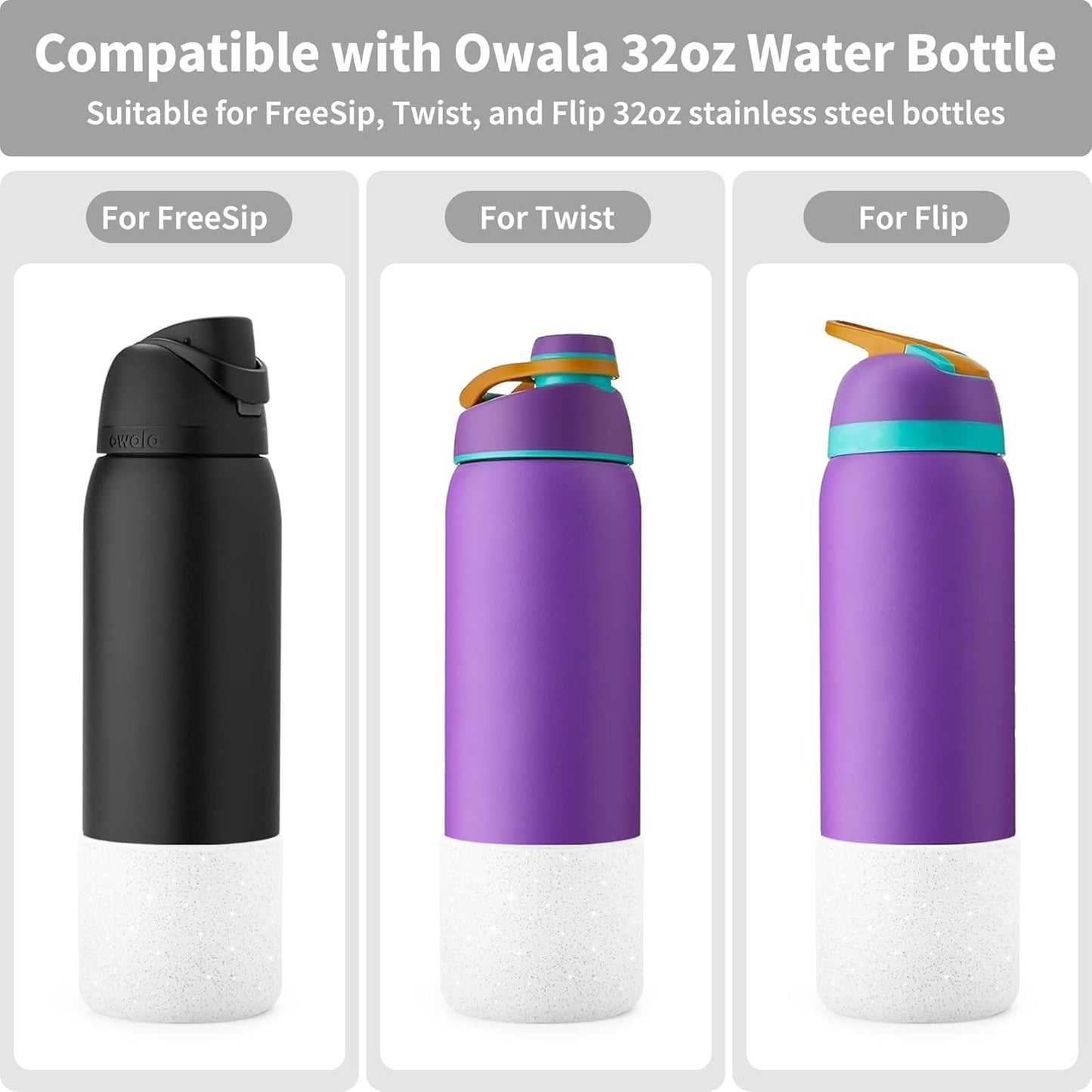 Silicone Water Bottle Boot for Owala 32 oz, Anti-Slip Protective Sleeve for Owala Twist & FreeSip & Flip Stainless Steel Water Bottle, Boot Bottom Base (Glitter White)